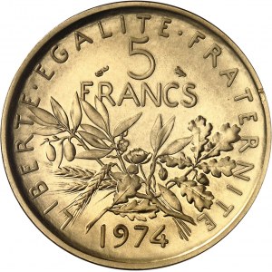 Ve République (1958 à nos jours). Piéfort de 5 francs Semeuse, Flan bruni (PROOF) 1974, Paris.