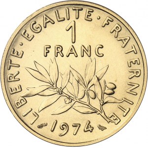 Ve République (1958 à nos jours). Piéfort de 1 franc Semeuse, Flan bruni (PROOF) 1974, Paris.