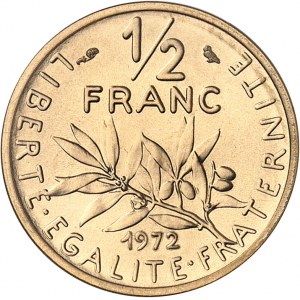 Ve République (1958 à nos jours). Piéfort de 1/2 franc Semeuse, Flan bruni (PROOF) 1972, Paris.