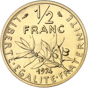 Ve République (1958 à nos jours). Piéfort de 1/2 franc Semeuse, Flan bruni (PROOF) 1974, Paris.