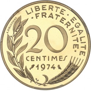 Ve République (1958 à nos jours). Piéfort de 20 centimes Marianne, Flan bruni (PROOF) 1974, Paris.