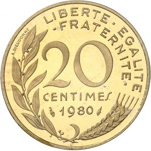Ve République (1958 à nos jours). Piéfort de 20 centimes Marianne, Flan bruni (PROOF) 1980, Pessac.