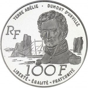 Terres Australes et Antarctiques Françaises. Piéfort de 100 francs Dumont d’Urville en argent, Flan bruni (PROOF) 1992, Pessac.
