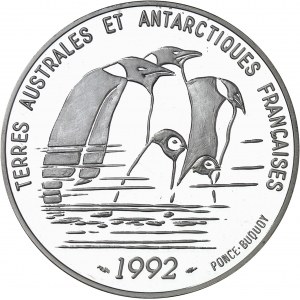 Terres Australes et Antarctiques Françaises. Piéfort de 100 francs Dumont d’Urville en argent, Flan bruni (PROOF) 1992, Pessac.