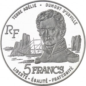 Terres Australes et Antarctiques Françaises. Piéfort de 5 francs Dumont d’Urville en argent, Flan bruni (PROOF) 1992, Pessac.