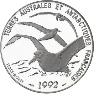 Terres Australes et Antarctiques Françaises. Piéfort de 5 francs Dumont d’Urville en argent, Flan bruni (PROOF) 1992, Pessac.