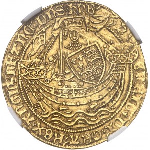 Henri VI d'Angleterre (1422-1453). Noble d’or, au drapeau, 1ère émission à l’annelet ND (1422-1430), Calais.