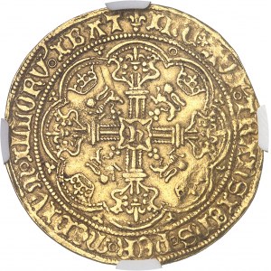 Henri VI d'Angleterre (1422-1453). Noble d’or, au drapeau, 1ère émission à l’annelet ND (1422-1430), Calais.