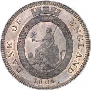 Georges III (1760-1820). Essai du dollar, Banque d’Angleterre, Flan bruni (PROOF) 1804, Londres.