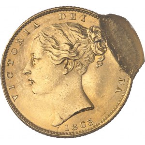 Victoria (1837-1901). Souverain, coin #11, double frappe, la seconde décalée de 85 % 1863, Londres.