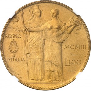 Victor-Emmanuel III (1900-1946). Essai de 100 lire avec Minerve et l’Agriculture en bronze doré par S. Johnson, Flan bruni (PROOF) 1903, Milan (Johnson).