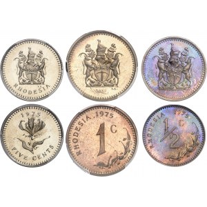 Rhodésie (dominion indépendant de), (1965-1979). Série de 1/2 cent, 1 cent, 5 cents, 10 cents, 20 cents et 25 cents, Flan brunis (PROOF) 1975.