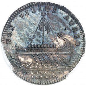 Amérique-Canada (colonies françaises), Louis XV (1715-1774). Jeton “NON VILIUS AUREO” frappe médaille par F. Marteau 1755, Paris.