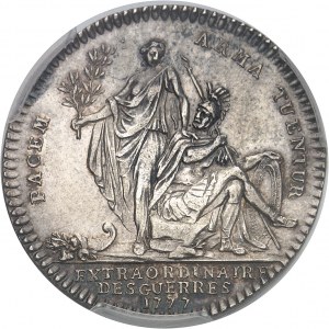 Louis XVI (1774-1792). Jeton “PACEM ARMA TUENTUR”, soutien militaire à l’Amérique indépendante, non signé 1777, Paris.