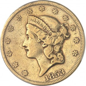 République fédérale des États-Unis d’Amérique (1776-à nos jours). 20 dollars Liberty, sans devise 1853/’2’, Philadelphie.