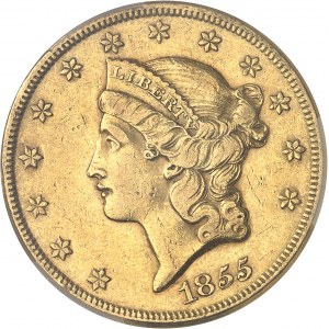 République fédérale des États-Unis d’Amérique (1776-à nos jours). 20 dollars Liberty, sans devise 1855, Philadelphie.