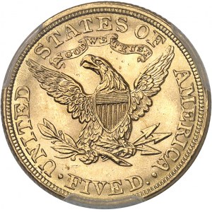 République fédérale des États-Unis d’Amérique (1776-à nos jours). 5 dollars Liberty 1882, Philadelphie.