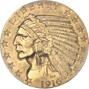 République fédérale des États-Unis d’Amérique (1776-à nos jours). 5 dollars Indien 1916, S, San Francisco.
