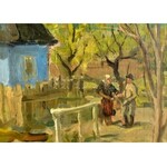 Csáki-Maronyák József (1910-2002): Kéknefelejts (Erdélyi falu székelykapuval), 1940-es évek eleje. Olaj, vászon...