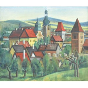 Németh János (1937-): Kőszeg látképe. Olaj, vászon, jelzett. Fa keretben, 60x80cm / János Németh (1937-)...