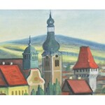 Németh János (1937-): Kőszeg látképe. Olaj, vászon, jelzett. Fa keretben, 60x80cm / János Németh (1937-)...