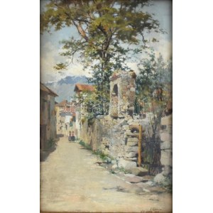 Cima, Luigi (1860-1938): Villa di Villa, Olaszország,1918. Olaj, fa, jelzett. Üvegezett, sérült fa keretben, 48×30 cm ...