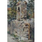Cima, Luigi (1860-1938): Villa di Villa, Olaszország,1918. Olaj, fa, jelzett. Üvegezett, sérült fa keretben, 48×30 cm ...