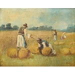 Halápy János (1893-1960): Aratók. Olaj, vászon, jelzett. Dekoratív fa keretben. 59x77 cm