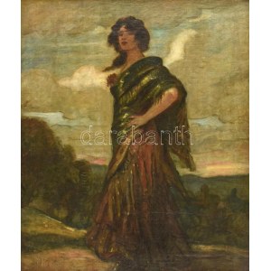 Dudits Andor (1866-1944): Hölgy a dombtetőn. Olaj, vászon, jelzett. Fa keretben. 72,5x62,5 cm/ Andor Dudits (1866-1944)...