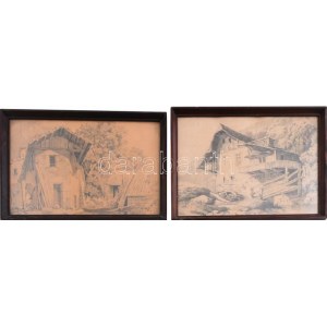 Csordák Lajos (1864-1937), 2 db mű: Malom és ház udvara, 1884. Ceruza, papír, jelzett és datált...