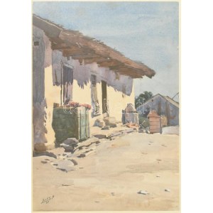 Edvi Illés Aladár (1858-1927): Falusi udvar, 1893. Akvarell, papír. Jelzett. Üvegezett fa keretben...