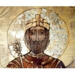 Angyal Júlia (1941-): Szent István. Vegyes technika, fa, jelzett. 152×60 cm. Jótékonysági árverés a Házat...