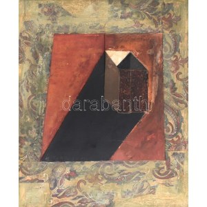 Szikora Tamás (1943-2012): Piros doboz, 2007. Olaj, kollázs, farost, jelzett. 50x40 cm / Tamás Szikora (1943-2012)...