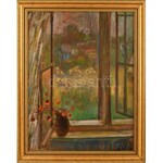 Pirk János (1903-1989): Gödöllői ablak. Olaj, farost, jelzett. 61×46 cm. Fa keretben. Kiállítva: Házat...