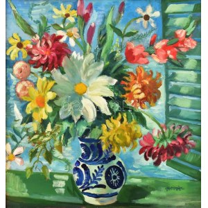 Vörös Géza (1897-1957): Virágcsendélet. Olaj, vászon, jelzett. Dekoratív, kissé sérült fa keretben, 59,5×56,5 cm ...