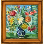 Vörös Géza (1897-1957): Virágcsendélet. Olaj, vászon, jelzett. Dekoratív, kissé sérült fa keretben, 59,5×56,5 cm ...