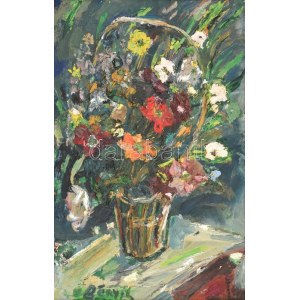 Bényi László (1909-2004): Virágcsendélet. Olaj, vászon, jelzett, fa keretben, 60×40 cm