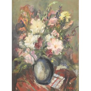 Séday Éva (1929-2011): Virágcsendélet. Olaj, farost, jelzett. Sérült fa keretben, 80×60 cm