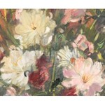 Séday Éva (1929-2011): Virágcsendélet. Olaj, farost, jelzett. Sérült fa keretben, 80×60 cm