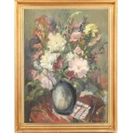 Séday Éva (1929-2011): Virágcsendélet. Olaj, farost, jelzett. Sérült fa keretben, 80×60 cm