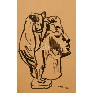 Duray Tibor (1912-1988): Női arckép szoborral, 1998. Tus, papír, jelzett. 20,5×13,5 cm