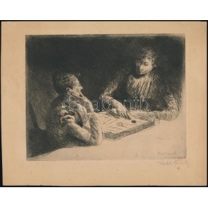 Norbert Goeneutte (1854-1894): Társasjátékkal játszó hölgyek. Rézkarc, hidegtű, papír, jelzett. 16×20 cm ...