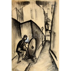 Kolozsváry Sándor (1896-1944): Városi köszörűs. Szén, kréta, papír. Jelezve jobbra lent. Lap alja sérült...