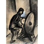 Kolozsváry Sándor (1896-1944): Városi köszörűs. Szén, kréta, papír. Jelezve jobbra lent. Lap alja sérült...