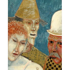 Orosz János (1932-2019): Cirkuszosok, 1973. Olaj, farost, jelzett. Hátoldalán autográf felirattal. Fa keretben...