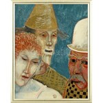 Orosz János (1932-2019): Cirkuszosok, 1973. Olaj, farost, jelzett. Hátoldalán autográf felirattal. Fa keretben...