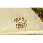 Orosz János (1932-2019): Cirkuszosok, 1973. Olaj, farost, jelzett. Hátoldalán autográf felirattal. Fa keretben...
