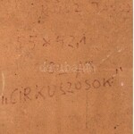 Orosz János (1932-2019): Cirkuszosok, 1973. Olaj, farost, jelzett. Hátoldalán autográf felirattal. Fa keretben...