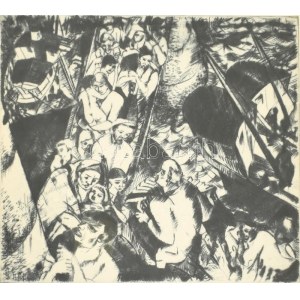 Derkovits Gyula (1894-1934): Hídnál (Újpesti hídfeljáró), 1927. Rézkarc, papír, jelzés nélkül. Üvegezett fa keretben...