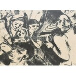 Derkovits Gyula (1894-1934): Hídnál (Újpesti hídfeljáró), 1927. Rézkarc, papír, jelzés nélkül. Üvegezett fa keretben...